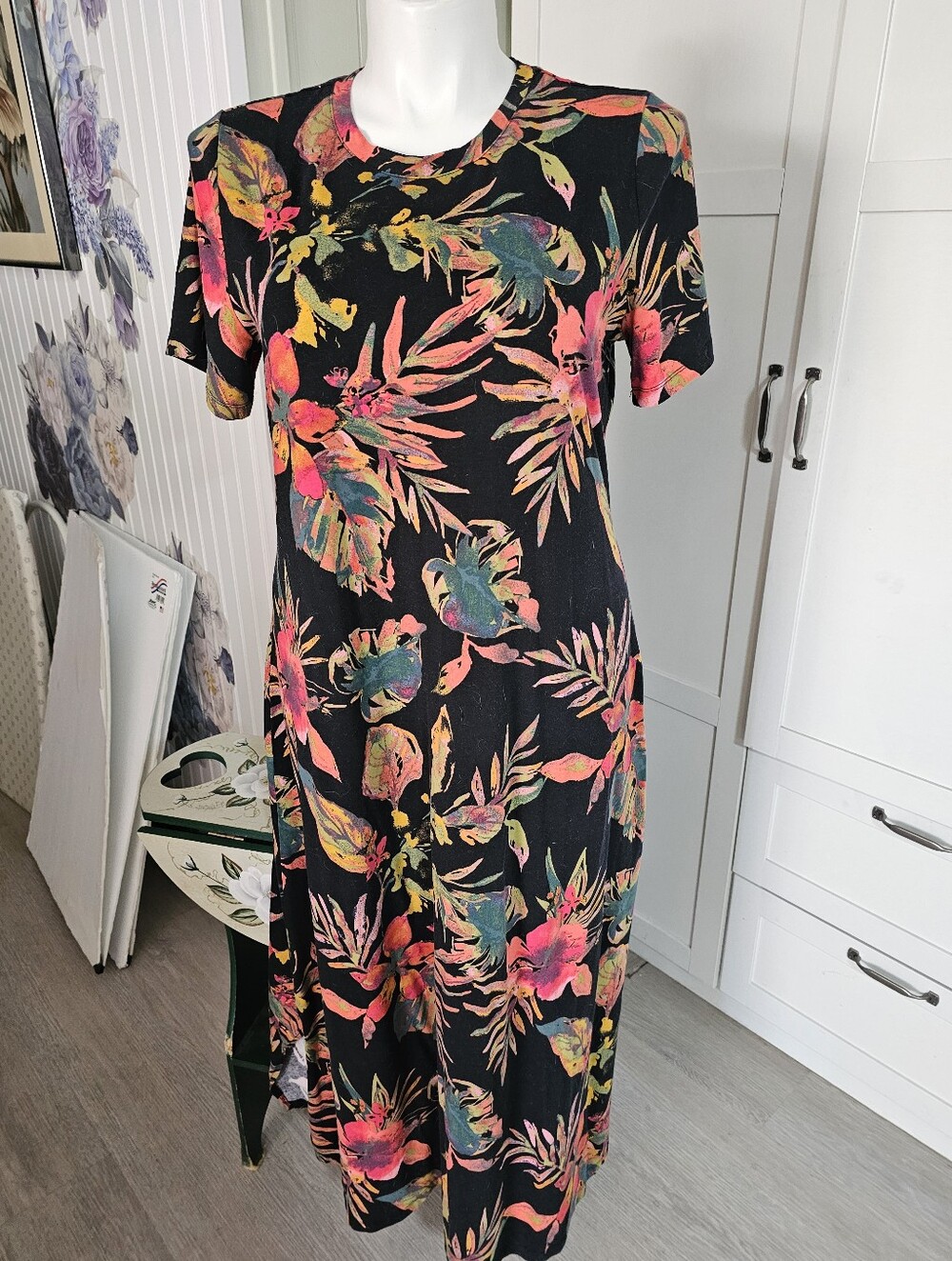 Denim & Co Beach Women L Black Tropical Floral Maxi Dress Short Sleeve